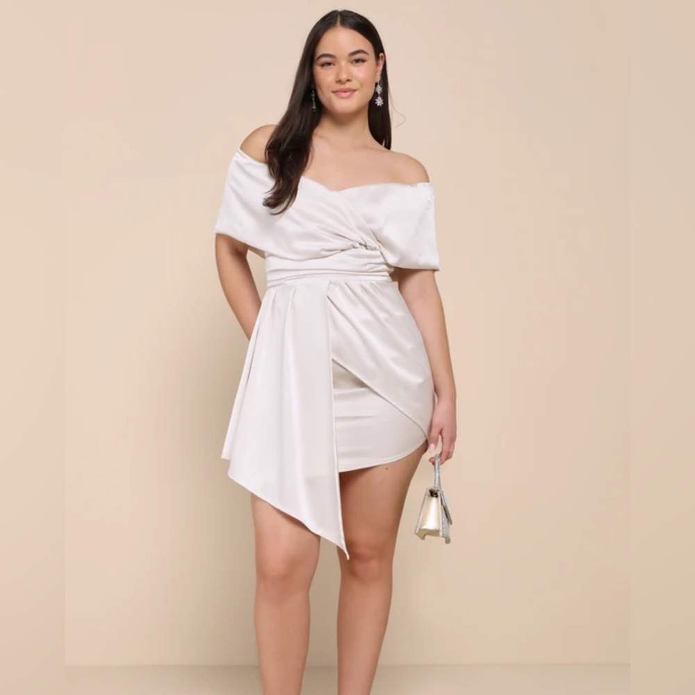 Lulus Always Celebrating Ivory Satin Off the Shoulder Mini Dress